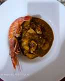 Fumet de gambas con mero y patatas