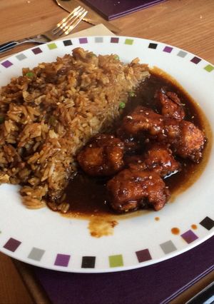 A picture of Sesame Chicken with Egg-Fried Rice.