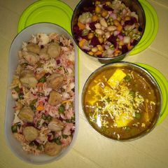 A picture of Soya nuggets rice with matar paneer and sprouts salad.