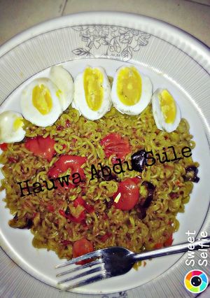 A picture of Indomie with boiled egg.