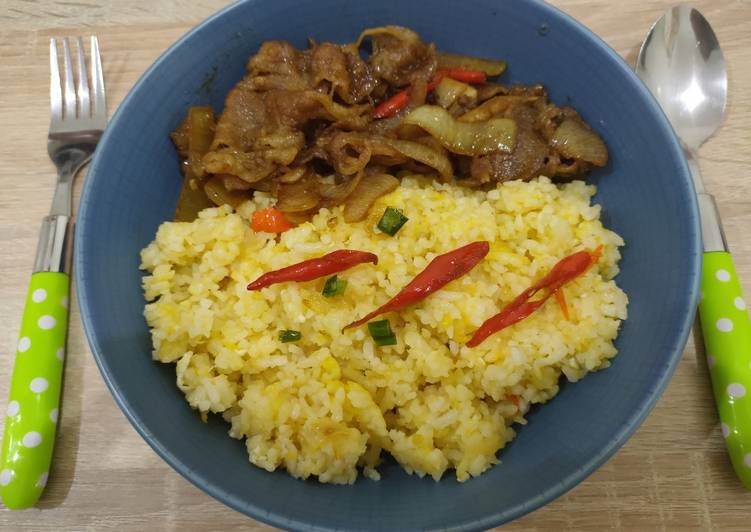 Cara Membuat Beef Teriyaki with Butter Rice in Bowl, Lezat