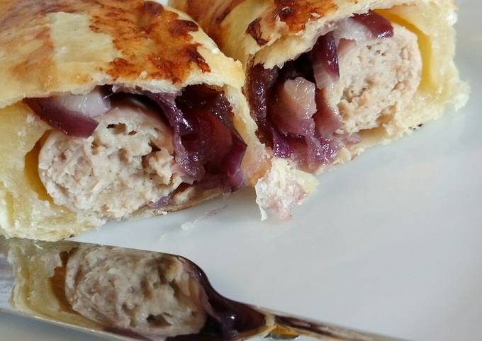 Fluffy's sausage rolls with caramelised red onion
