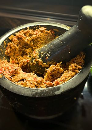 A picture of Thai Red Curry Paste(Can be made in a processor too!).