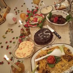 Biryani, Chapli kabab,fruit custard and cake A picture of Biryani, Chapli kabab,fruit custard and cake.