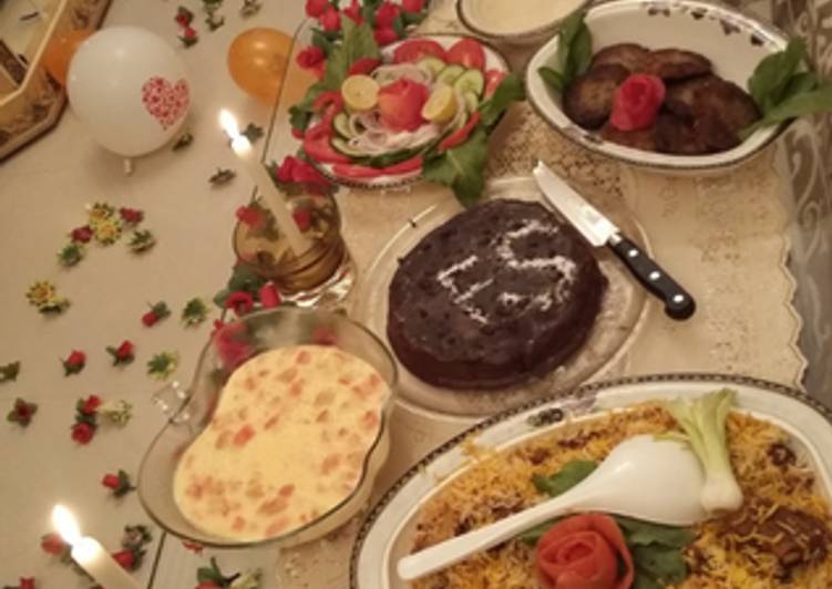 Biryani, Chapli kabab,fruit custard and cake