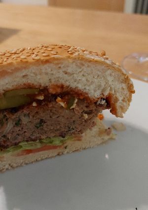 A picture of Home-made flame grilled beef burgers 🍔.