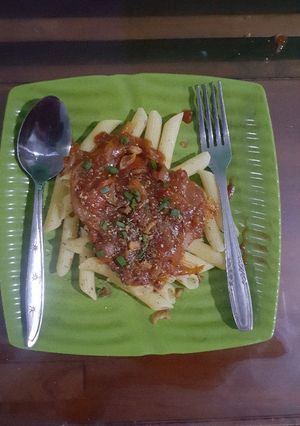 Foto resep Penne Pasta with Corned Beef and Campignon in Tomato Spicy Sauce
