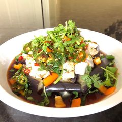 Spicy Steamed Eggplant & Tofu Salad with Ginger Soy Sauce A picture of Spicy Steamed Eggplant & Tofu Salad with Ginger Soy Sauce.