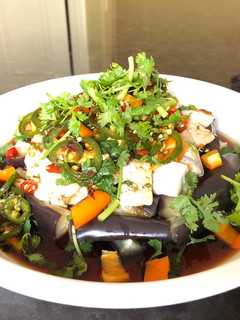 A picture of Spicy Steamed Eggplant & Tofu Salad with Ginger Soy Sauce.