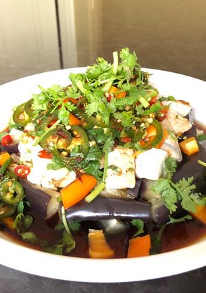 A picture of Spicy Steamed Eggplant & Tofu Salad with Ginger Soy Sauce.