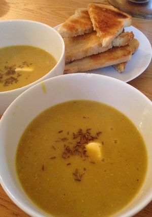 A picture of Thrifty Dahl Soup with Dripping Toast.