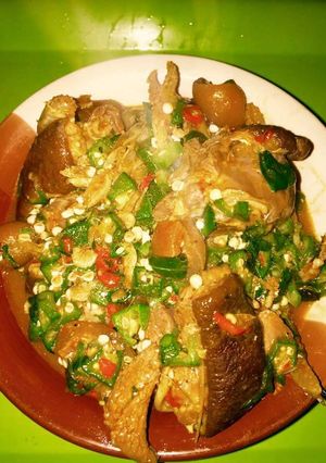 A picture of Okro soup with goat meat.