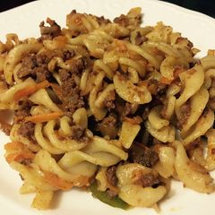 Fusilli pasta with mince meat A picture of Fusilli pasta with mince meat.