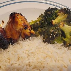 A picture of Air Fryer Honey and Soy Chicken with Seasame Broccoli.