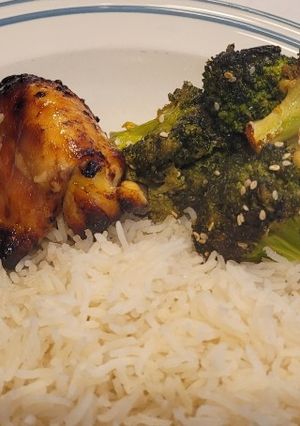 A picture of Air Fryer Honey and Soy Chicken with Seasame Broccoli.