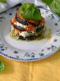 Summer Eggplant Parmigiana with Basil Pesto, Buffalo Mozzarella, and Roasted Tomatoes