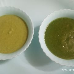 A picture of Amrud/peru/guava chutney and green coriander chutney.