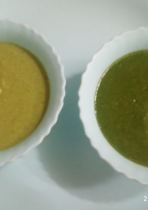 A picture of Amrud/peru/guava chutney and green coriander chutney.