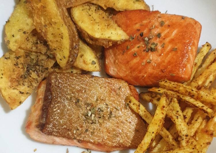 Pan Seared Salmon with Potato Wedges &amp; Cajun French Fries