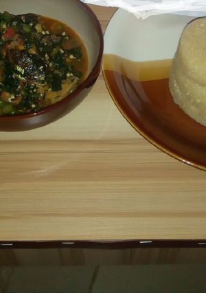 A picture of Okra Vegetable and Eba.