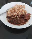 Rice,green peas,saùtè steak meat