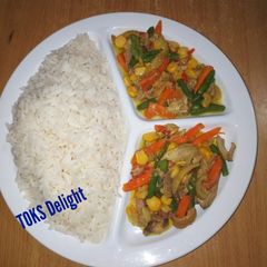 A picture of Rice plus chicken mixed veg.