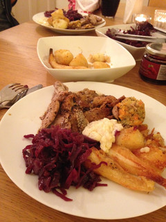 A picture of Roast Duck with Braised Red Cabbage and Bread Sauce.