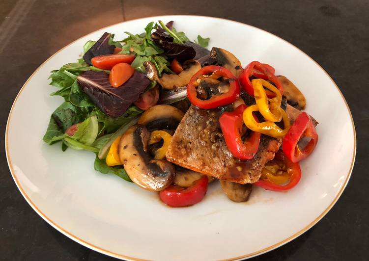 Simple Way to Make Award-winning Grilled Salmon with Sautéed Mushrooms mixed Bell Peppers, and Greens Salad used BBQ Sauce