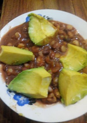 A picture of Stewed githeri with Avocado.