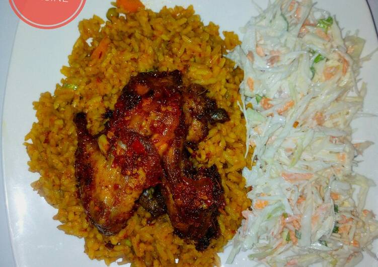 Steps to Prepare Perfect Jollof rice, coleslaw and peppered chicken