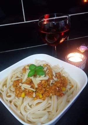 A picture of Chicken spaghetti with Sweet corn.