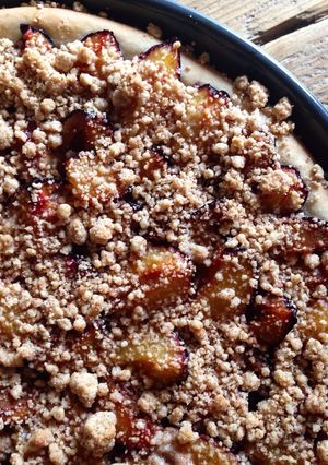A picture of Pflaumenkuchen - German Damson Plum Tart with Crumble Topping.
