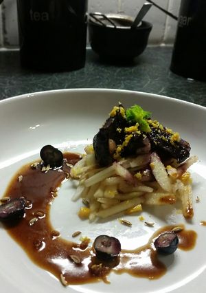 A picture of Blueberry glazed pigeon breast.