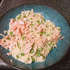 A picture of Spaghetti with Lemon Butter Sauce and Salmon.