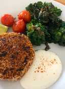 Spiced Sweet potato, Black Bean and Chick-pea burgers with Lime Raita