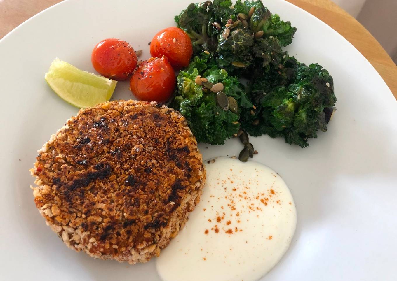 Spiced Sweet potato, Black Bean and Chick-pea burgers with Lime Raita