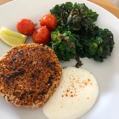 A picture of Spiced Sweet potato, Black Bean and Chick-pea burgers with Lime Raita.