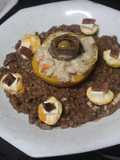 Arroz con batido de chocolate y melocotones