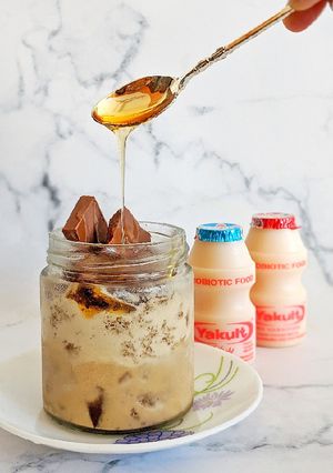 A picture of Coffee cake mousse with yakult and honey glaze.