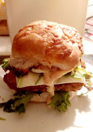 A picture of My Hot Sandwich cheese topped Toasted Barm with Chicken etc 🥰.