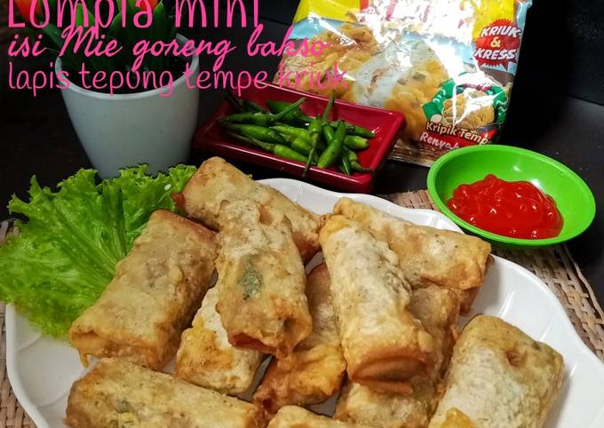 Bagaimana Membuat Lumpia Mini isi Mie Goreng Bakso lapis tepung tempe kriuk Anti Gagal