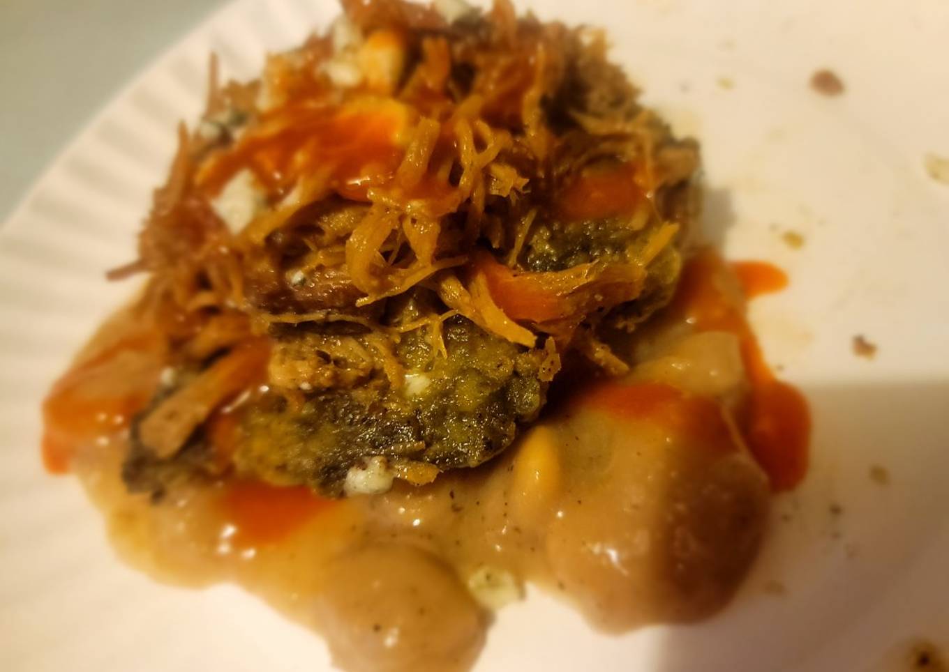 "Southern Layers" Meal-in-One (Pork, Green Cake Fritters, Beans)