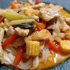 A picture of Red curry pork noodles.