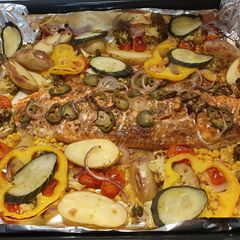A picture of Baked fish veggies.
