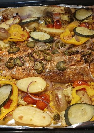 A picture of Baked fish veggies.
