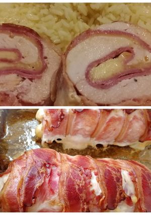 Sajttal sonkával töltött csirkemell baconbe tekerve recept fotója