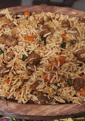A picture of Soya chunks fried rice.