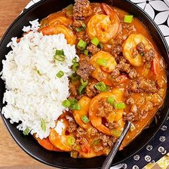 A picture of Etouffee with Wagyu Beef Cajun Sausage.