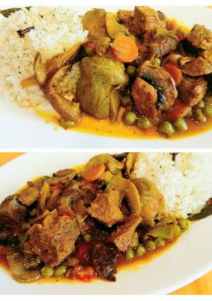 Una foto de Ternera a la jardinera, con arroz aromatizado