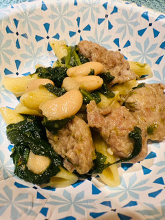 A picture of Penne with Spinach,Beans and Sweet Sausage.